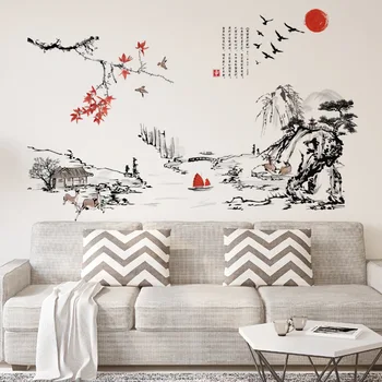 Chineză Stil de Cerneală Pictura Peisaj Arta Autocolante de Perete Camera de zi Dormitor Fundal pentru Decorațiuni Murale Decalcomanii Tapet